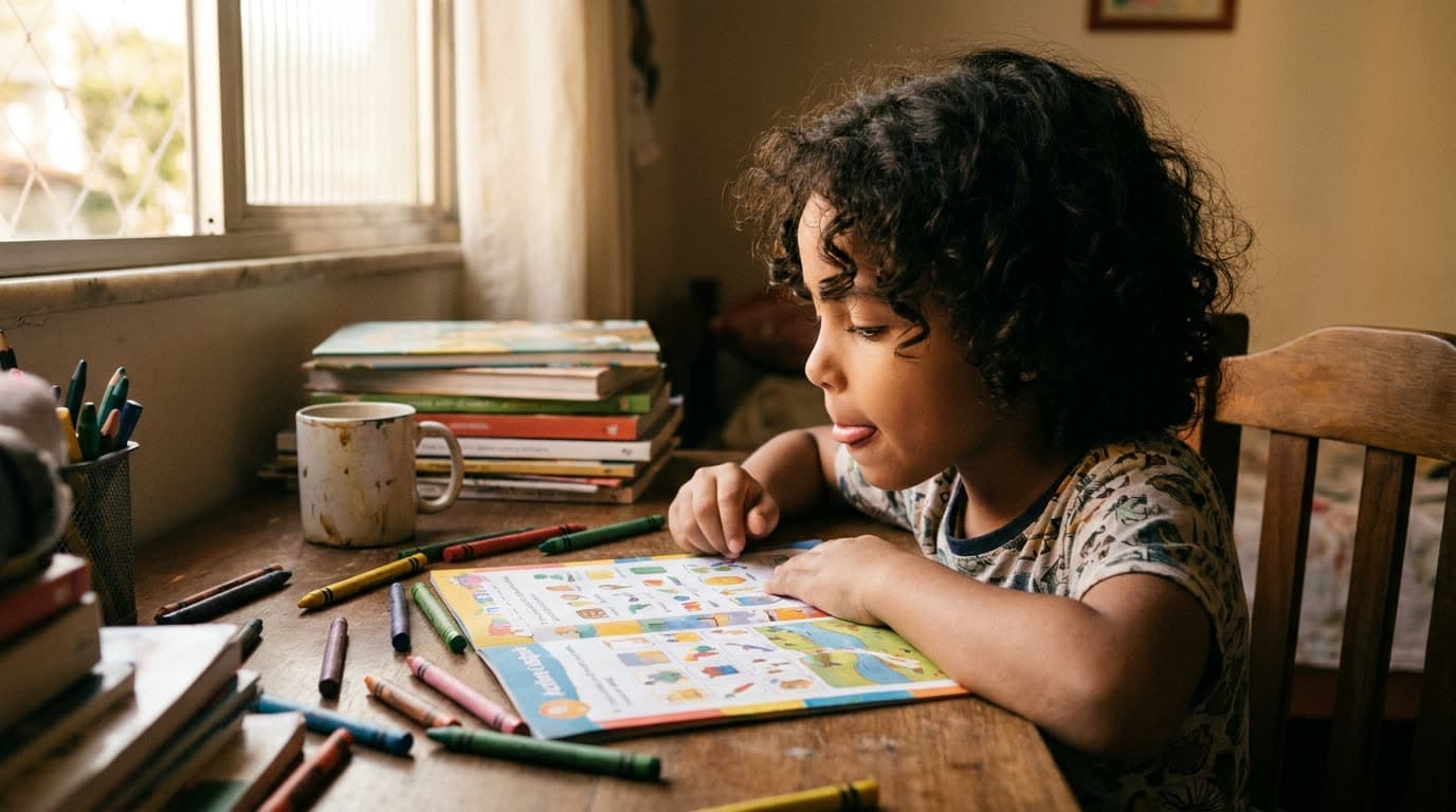 Criança concentrada fazendo atividade colorida do kit